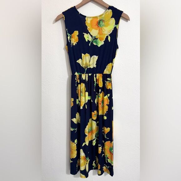 Modcloth Gilli navy blue and golden floral sleeveless midi dress, size small - Picture 5 of 9